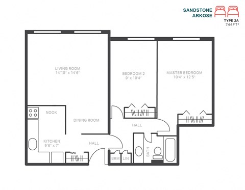 Floor plan for 2 beds, 1 bath, 744 sqft